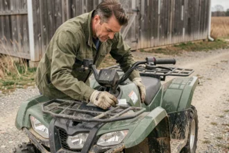 Homme appliquant une vignette d'assurance sur un quad tout-terrain garé sur un chemin de gravier