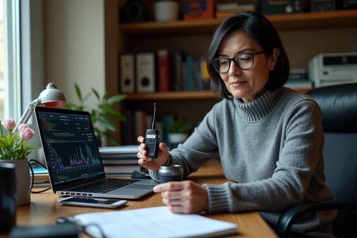 Femme comparant un brouilleur GPS et un détecteur de signal dans un bureau à domicile