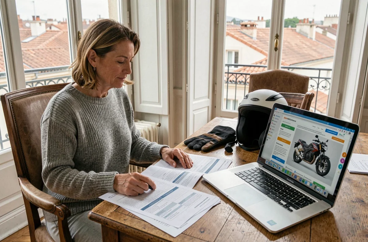 Femme comparant des offres d'assurance moto sur ordinateur dans un appartement toulousain avec des documents et un casque posés sur une chaise