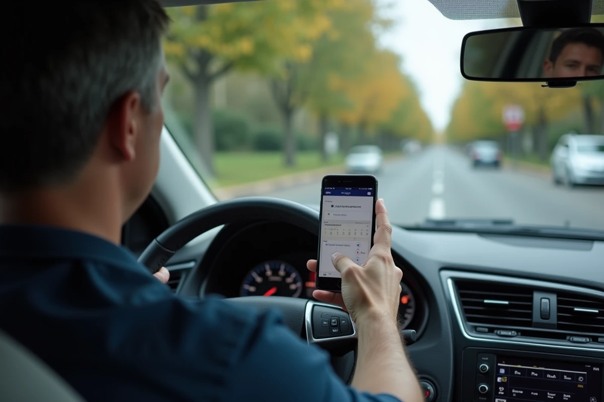 Conducteur utilisant une application mobile pour réviser le code de la route avant sa date d'expiration dans son véhicule