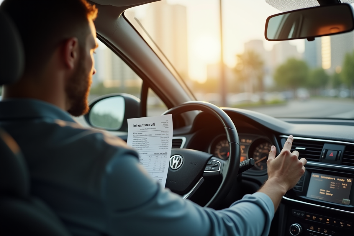 Conducteur inquiet regardant une facture d'assurance voiture