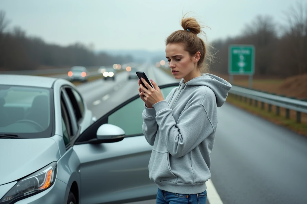 Conductrice appelant de l'aide après une panne moteur sur l'accotement d'une autoroute