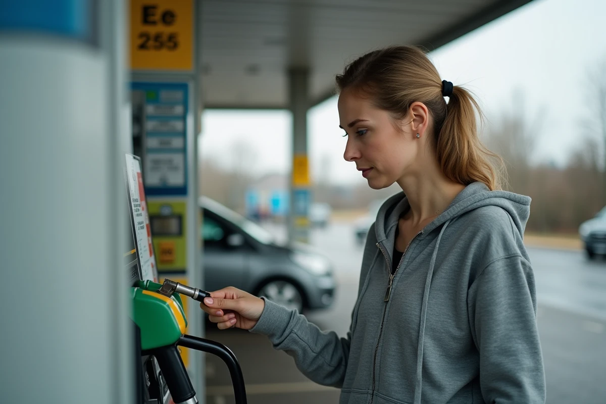 Conductrice lisant l'étiquette d'une pompe à carburant E85 dans une station-service française