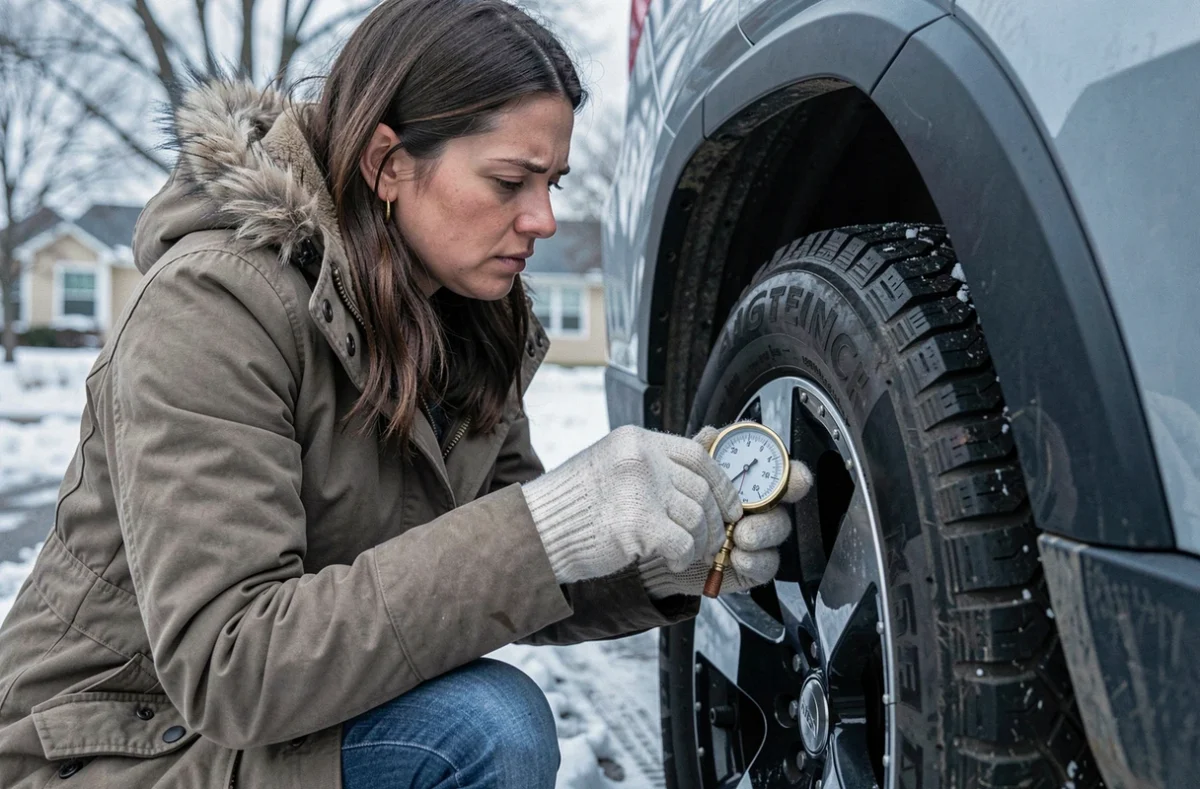 Femme conductrice vérifiant la pression de son pneu hiver avec un manomètre analogique devant son SUV
