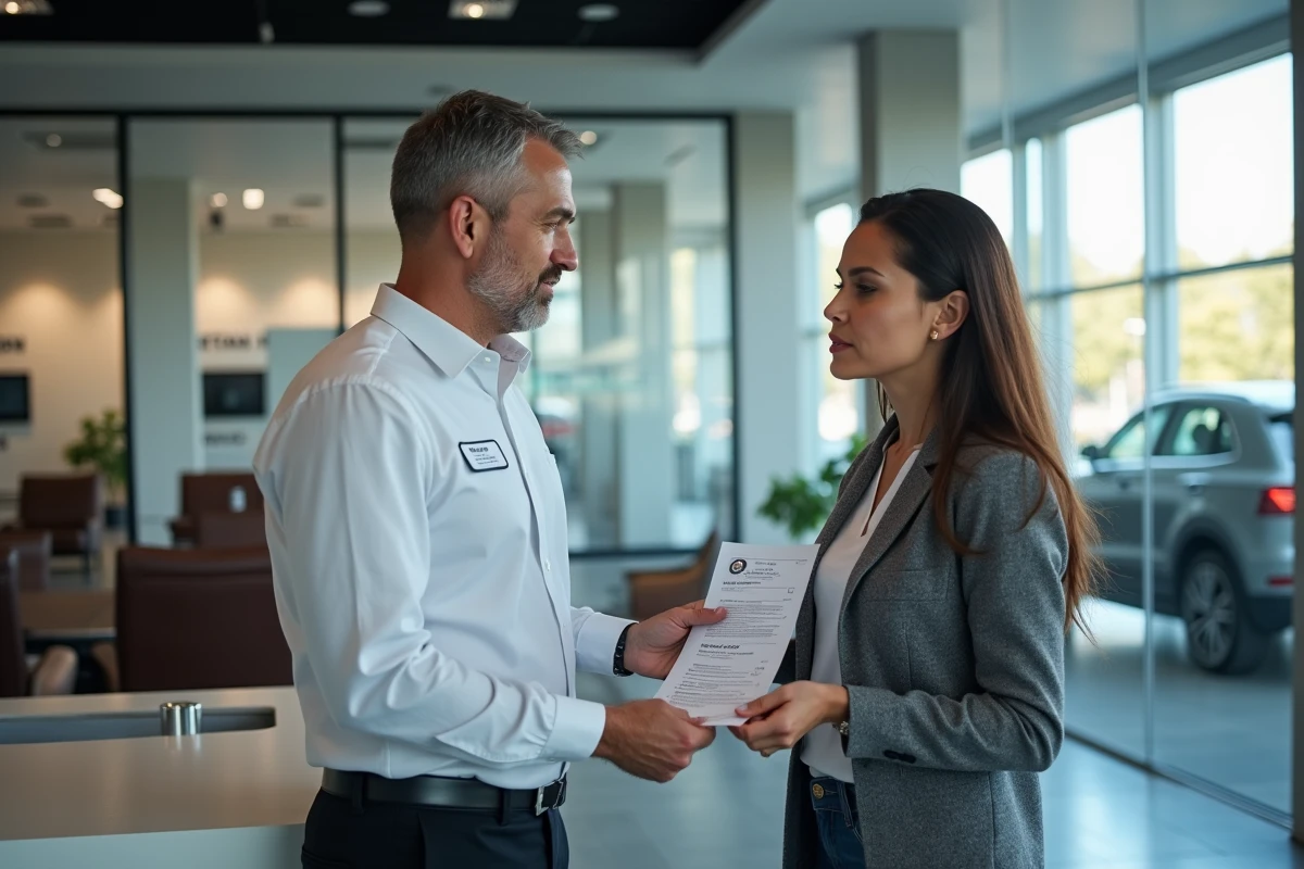 Conseiller de concession automobile expliquant les différences entre courroie d'accessoire et courroie de distribution à une cliente