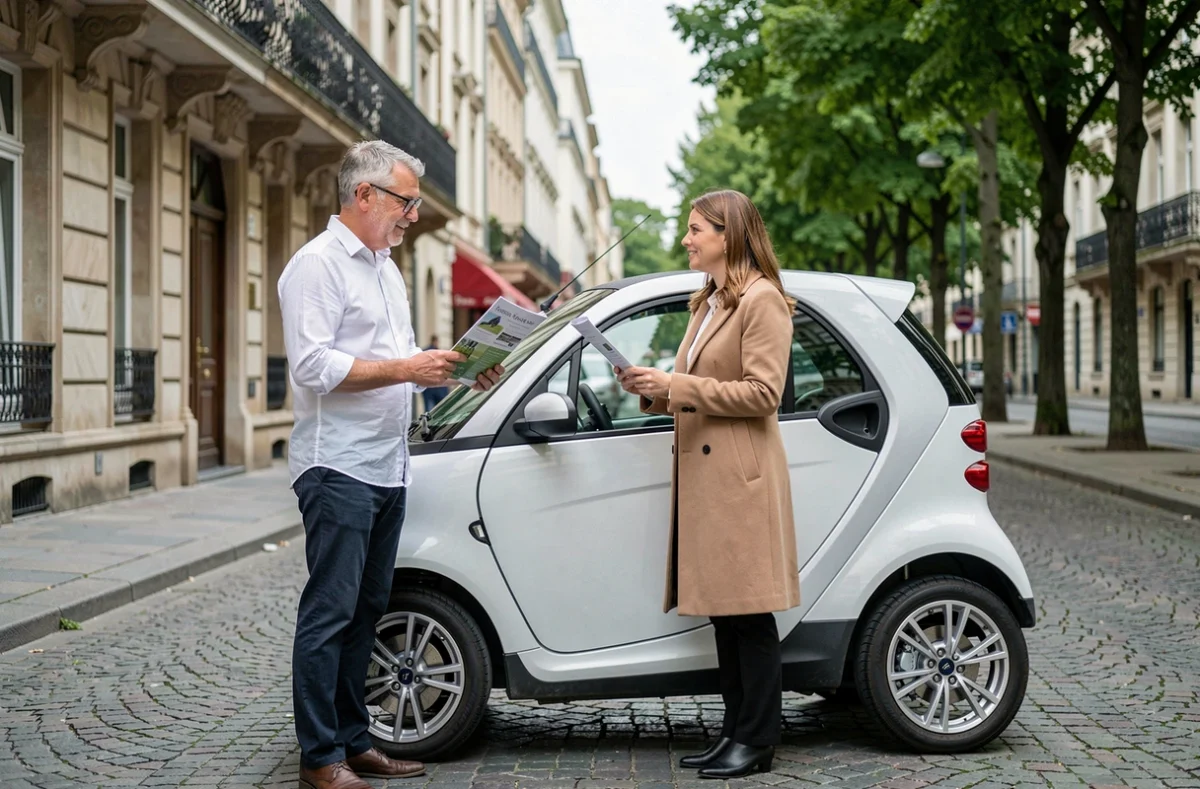 Conseiller présentant une voiture sans permis à une cliente dans une rue de Nancy