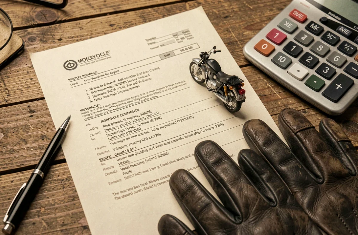 Bureau avec contrat d'assurance moto au tiers, calculatrice et gants de motard pour comparer les garanties