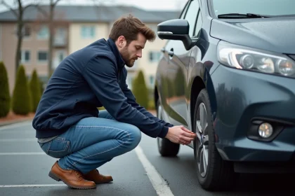 Homme v&eacute;rifiant la pression des pneus d'une voiture en ext&eacute;rieur