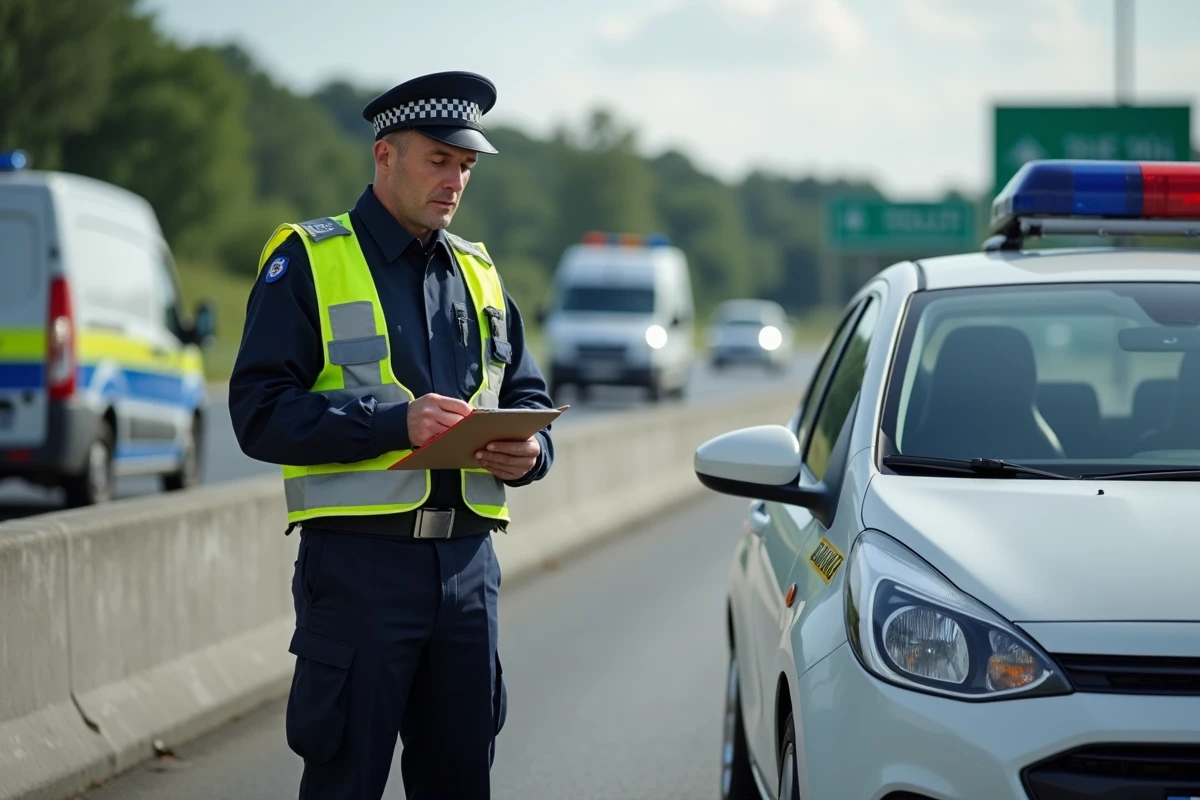Gendarme contrôlant une plaque d'immatriculation rouge lors d'un contrôle routier sur autoroute