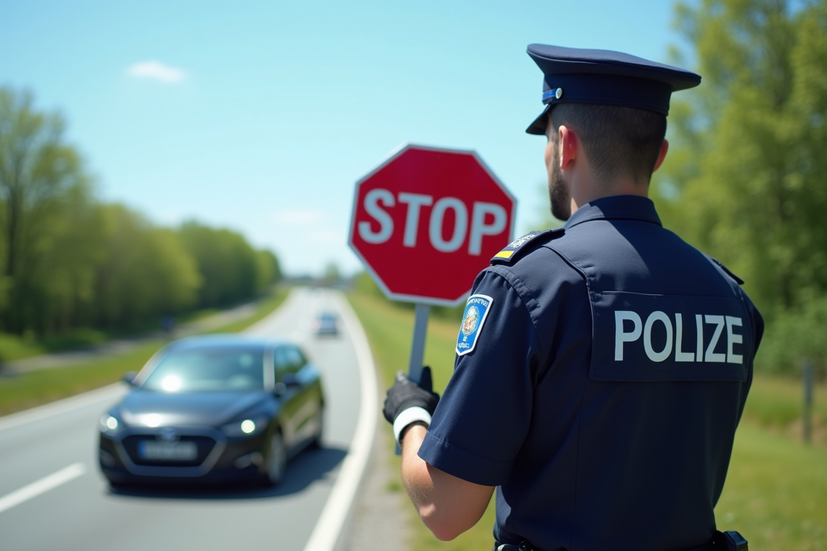 Agent de police contrôlant un véhicule sur une route ensoleillée