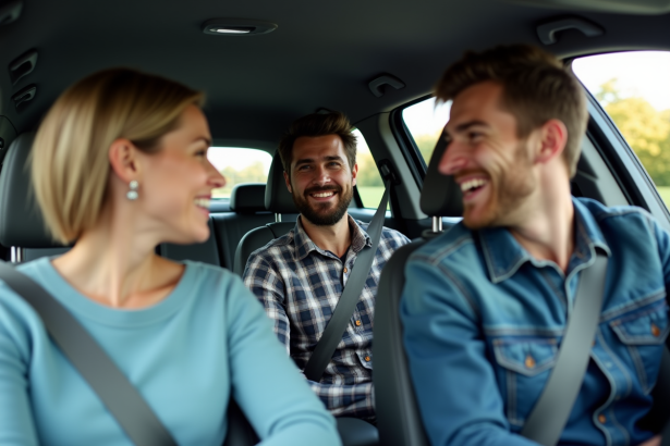 Trois adultes souriants dans une voiture moderne en voyage