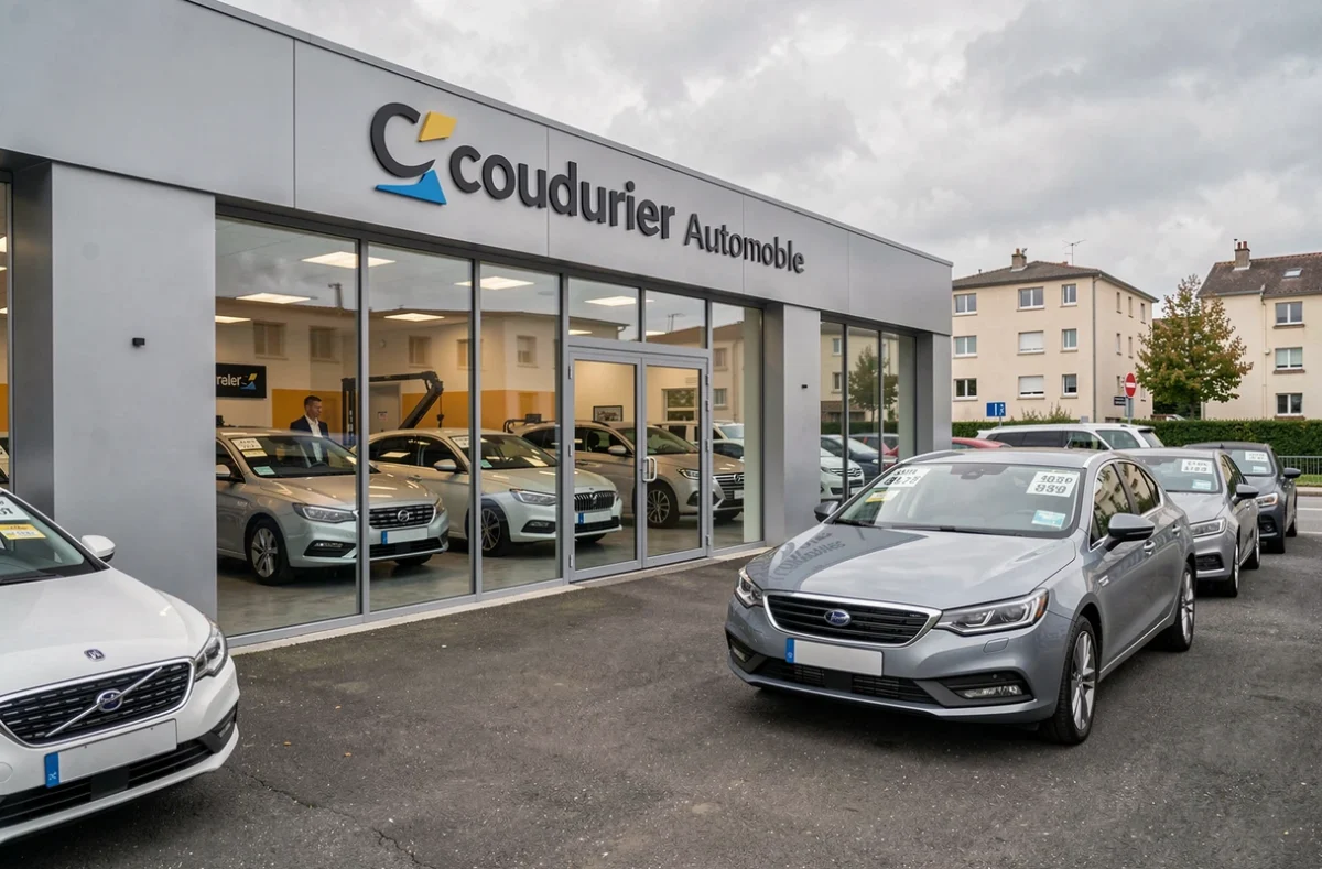 Devanture commerciale de Coudurier Automobile en Île-de-France avec showroom vitré et véhicules d'occasion en exposition