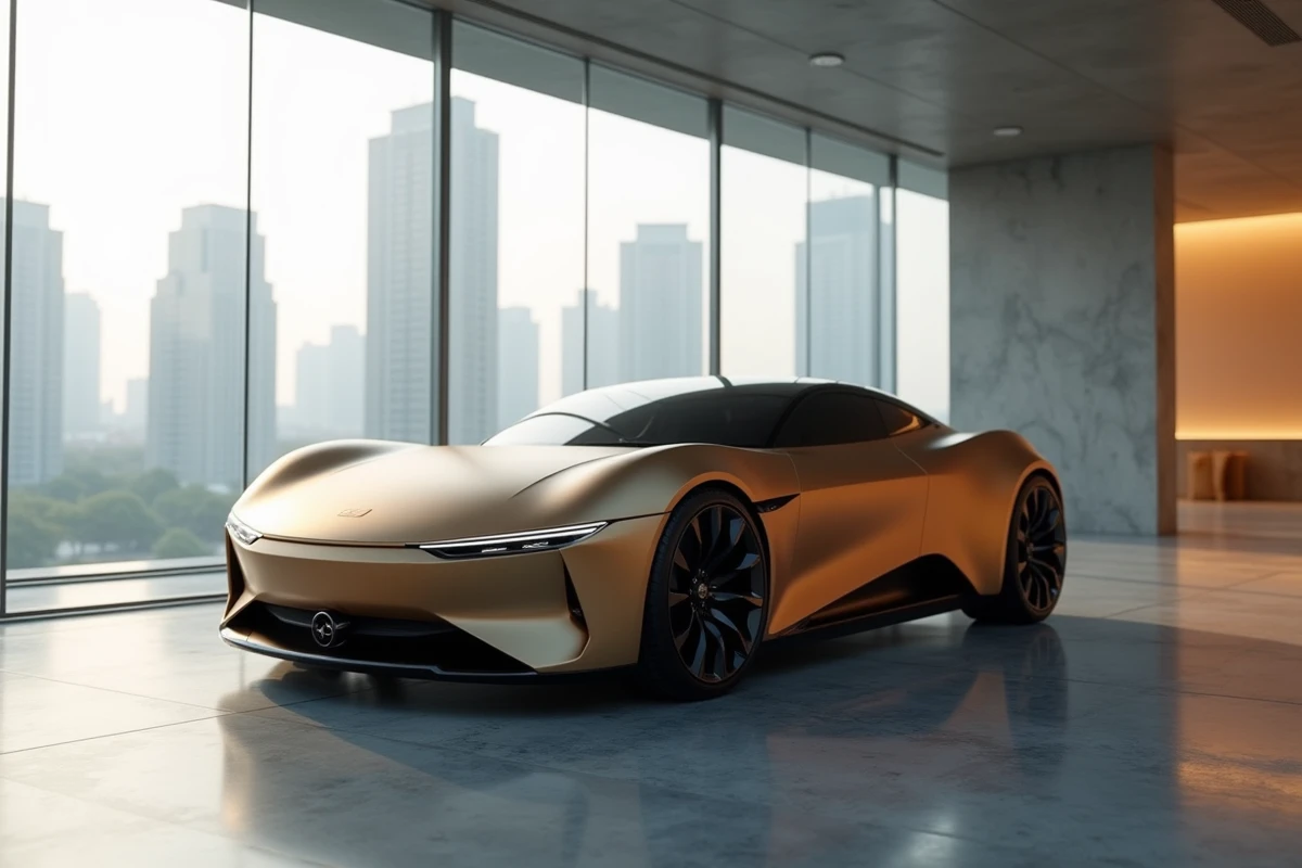 Coupé premium chinois finition or mat exposé dans un showroom minimaliste de Pékin avec vue sur la skyline urbaine en arrière-plan