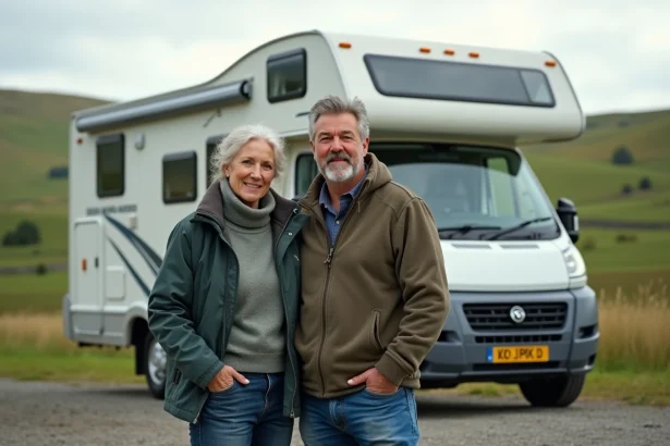 Couple de campeurs devant un camping-car poids lourd d'occasion garé en pleine campagne