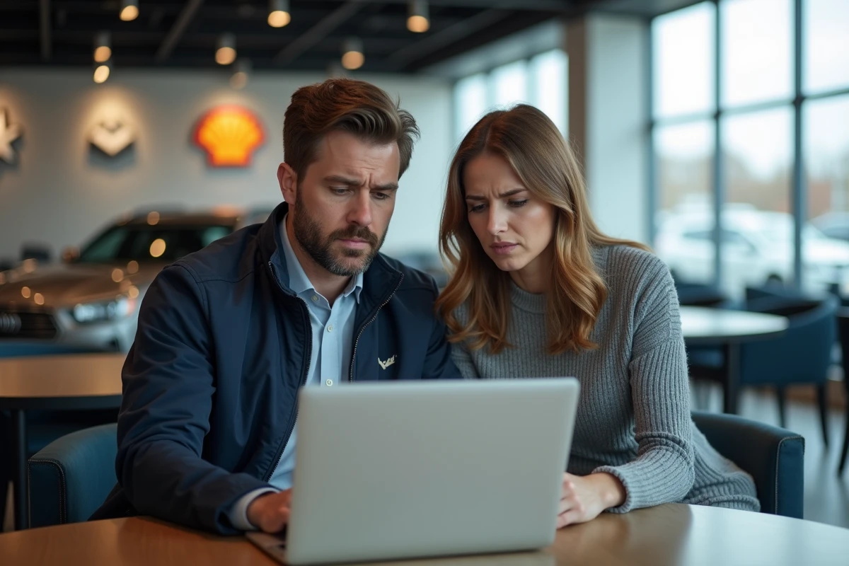 Couple comparant les offres de financement automobile sur un ordinateur portable chez le concessionnaire