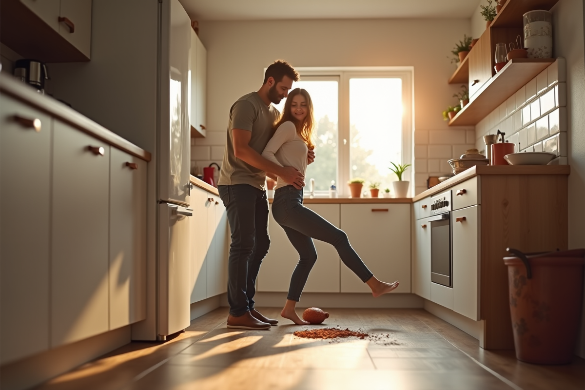 Couple dans la cuisine aidant une personne glissant
