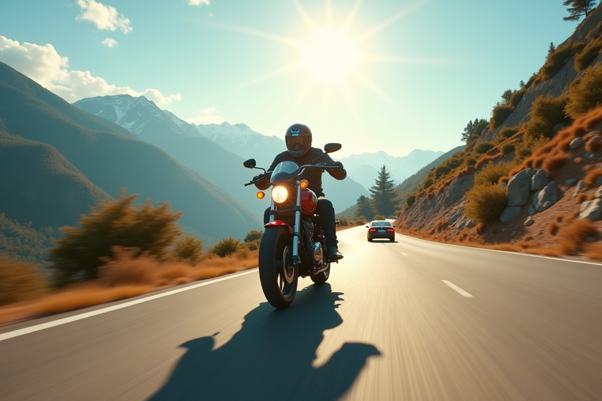 Motocycliste doublant une voiture sur une route de montagne ensoleillée