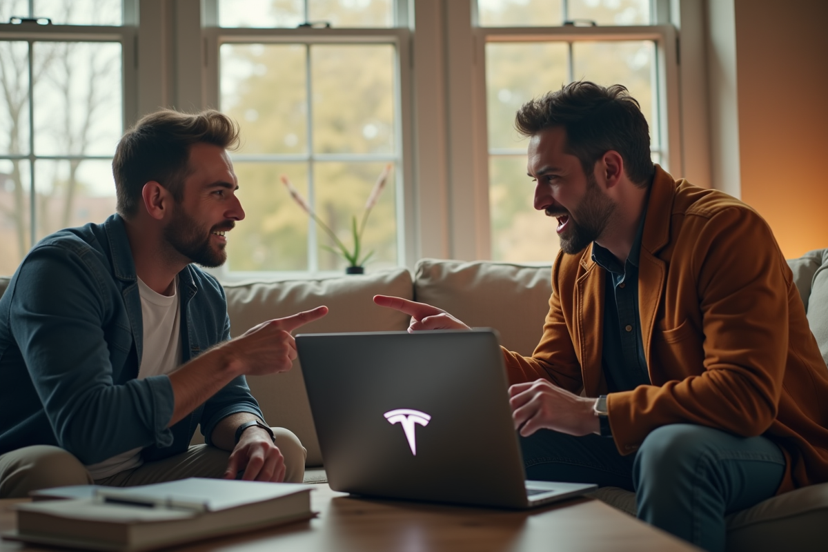 Deux adultes débattent devant un ordinateur avec logo Tesla