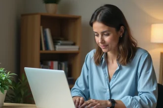 Femme effectuant une demande de carte grise en ligne sur un ordinateur portable depuis son bureau à domicile