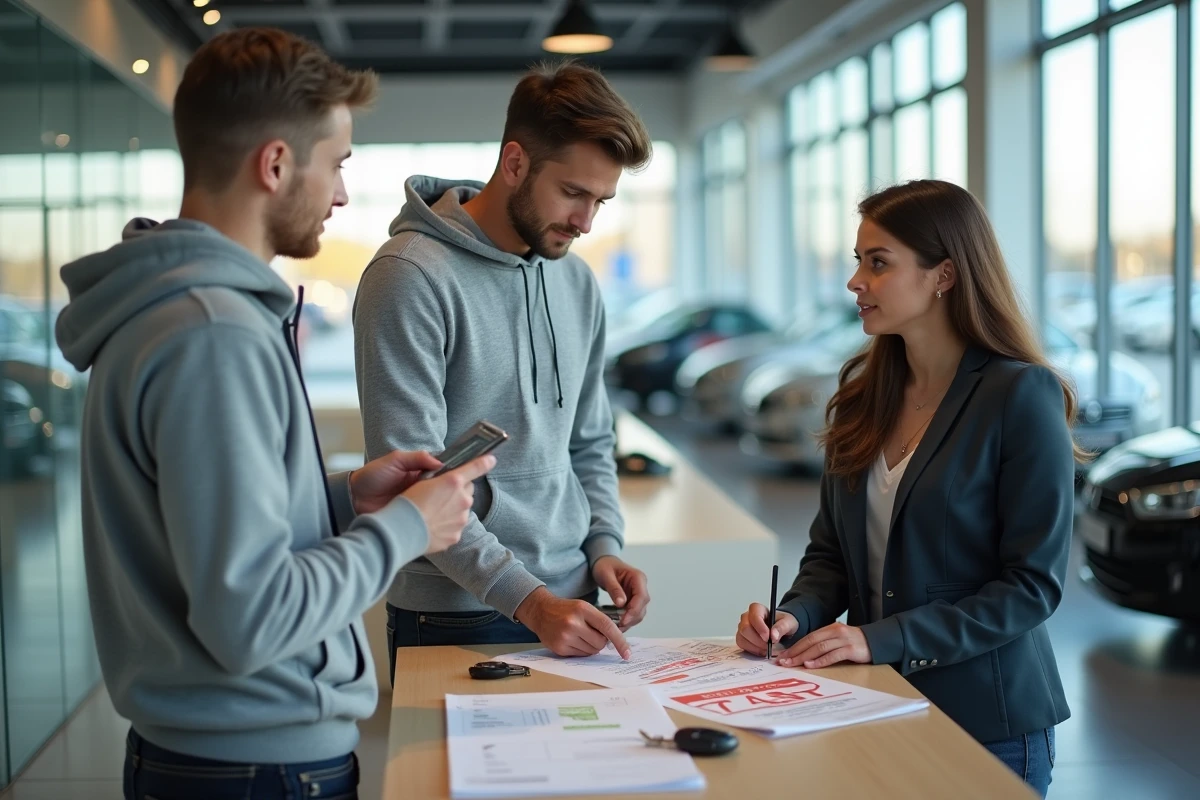Jeune homme remplissant des documents pour une plaque d'immatriculation rouge dans une concession automobile