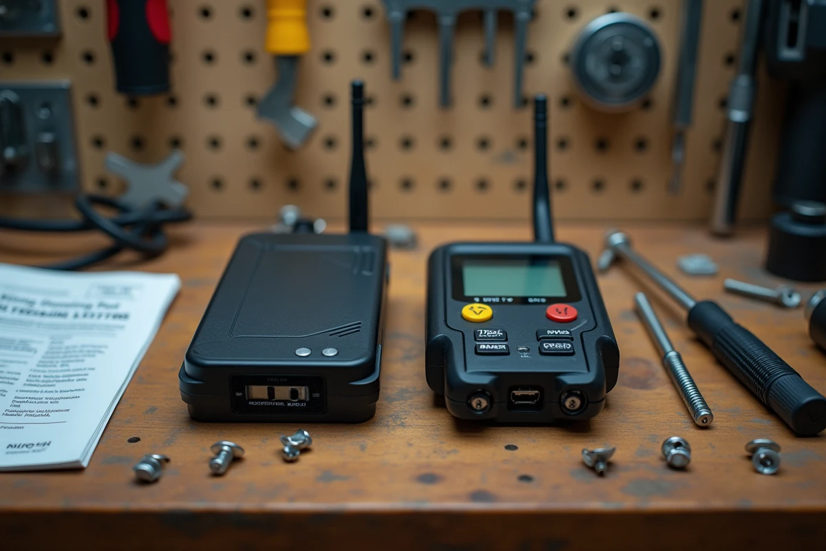 Détecteur de traceur GPS et brouilleur posés côte à côte sur un établi d'atelier