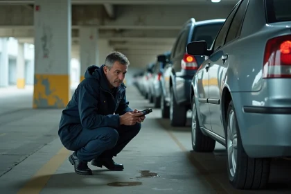Homme inspectant le dessous d'une voiture avec un détecteur de traceur GPS dans un parking souterrain