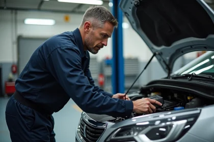 M&eacute;canicien connectant un scanner OBD sur une Peugeot pour diagnostiquer le code erreur P1445