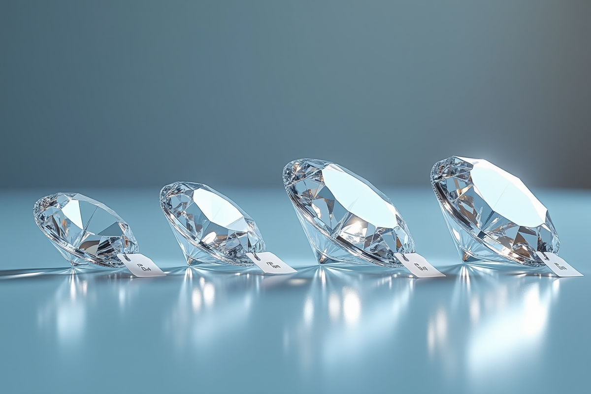 Quatre diamants de formes différentes avec étiquettes de coupe et clarté
