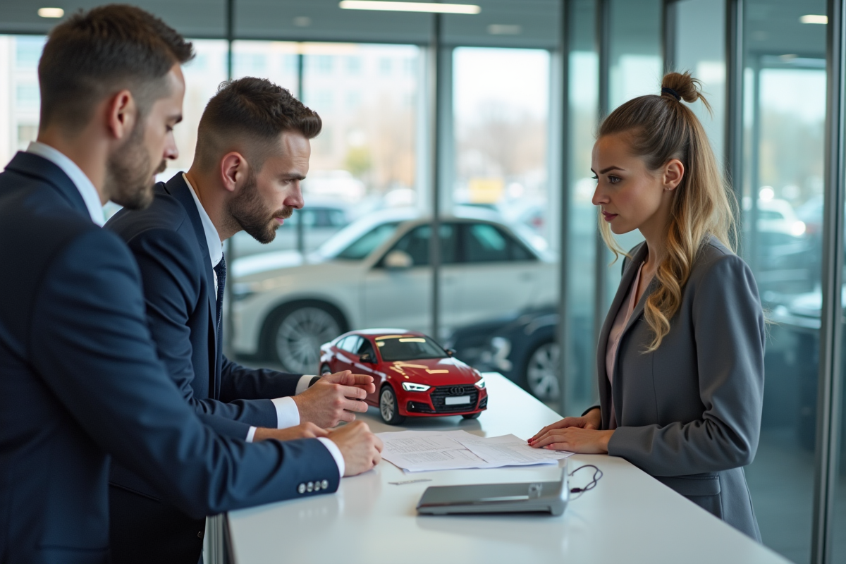 Homme et femme discutant à la caisse d'immatriculation voiture
