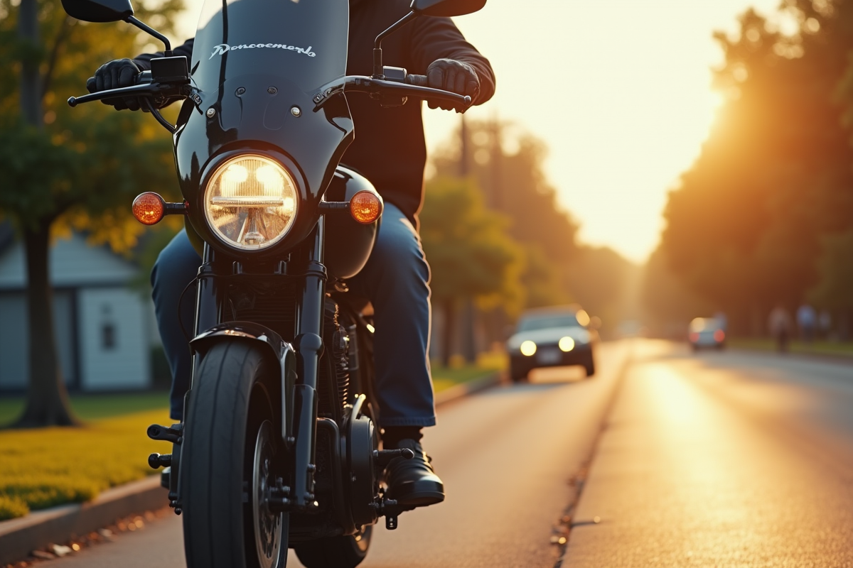 Détail des mains sur le guidon et pied au sol lors de la sortie de moto