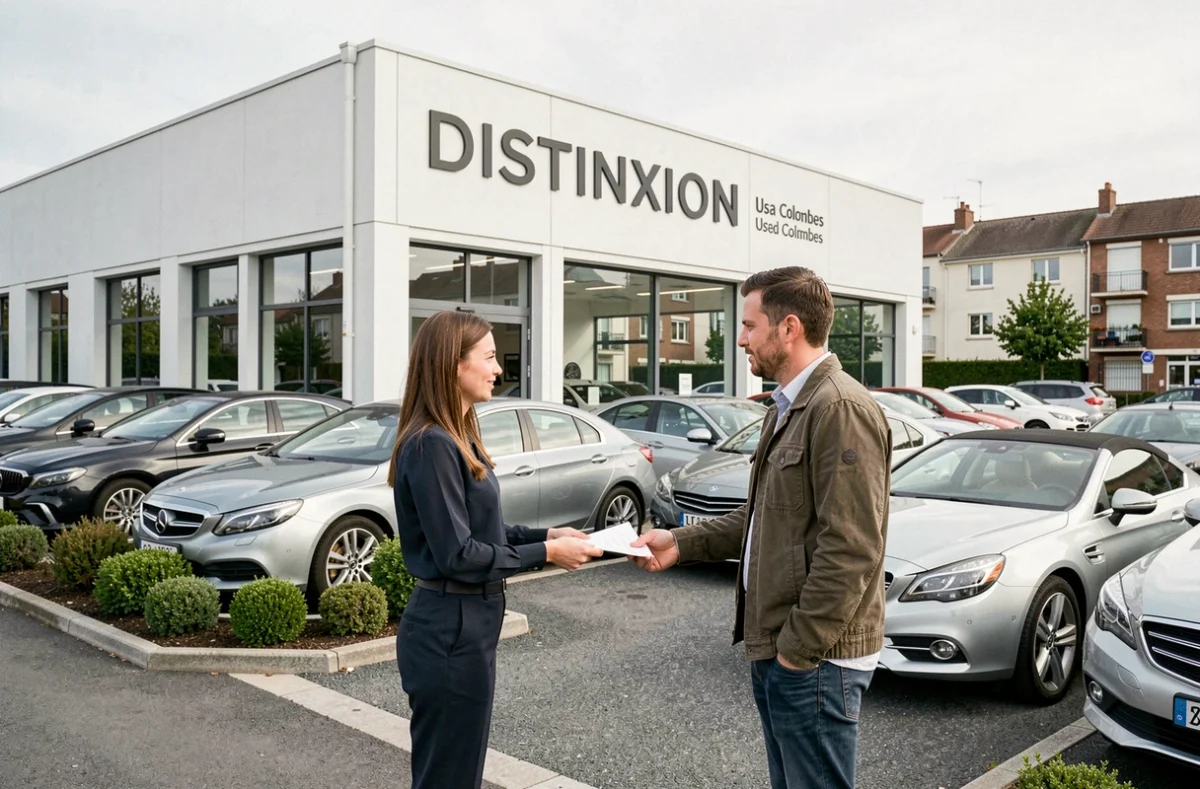 Concession Distinxion à Colombes avec des véhicules d'occasion premium et une remise de documents entre conseillère et client