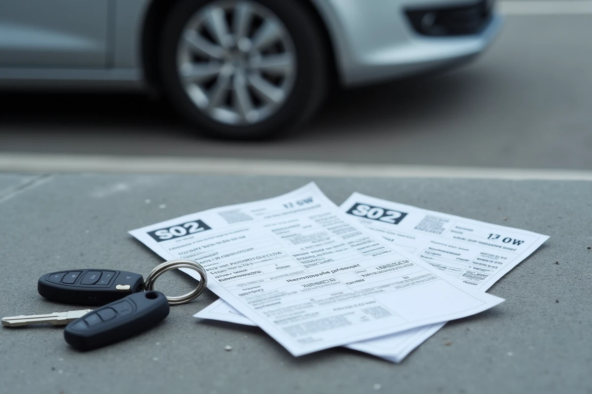 Gros plan sur les certificats d'immatriculation S1 et S2 posés sur du béton avec des clés de voiture