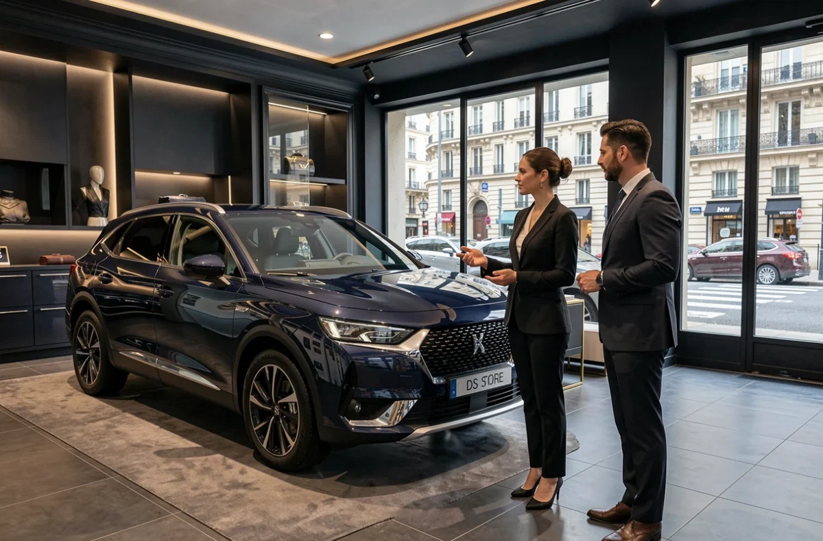 Showroom DS Store à Neuilly-sur-Seine avec une DS 7 Crossback d'occasion et une conseillère accompagnant un client premium