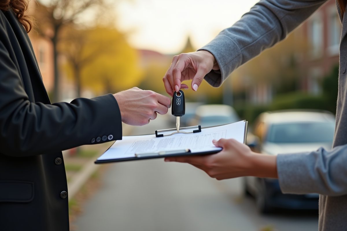 Deux personnes échangeant des clés de voiture en signant un document