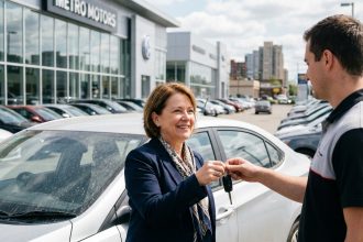 Femme souriante remettant des clés à un vendeur de voiture