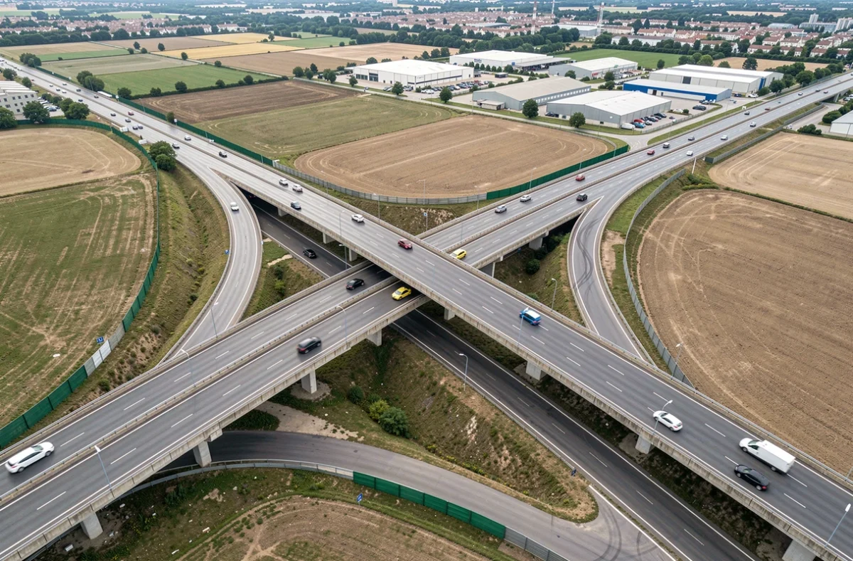 Vue aérienne d'un échangeur autoroutier français avec bretelles de raccordement en béton et paysage périurbain environnant