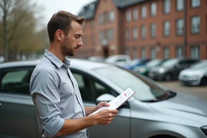 Homme consultant ses documents d'enregistrement de voiture en Belgique devant un véhicule garé à Bruxelles