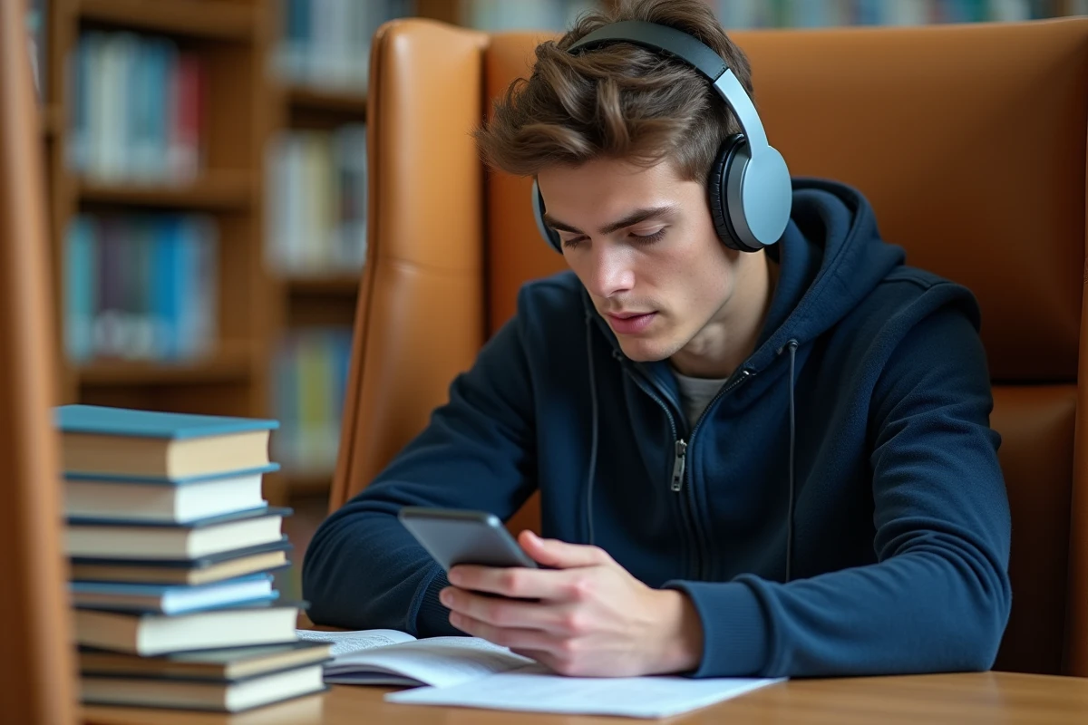 Jeune homme écoutant des questions audio pour le permis de conduire 2026 avec casque dans une bibliothèque