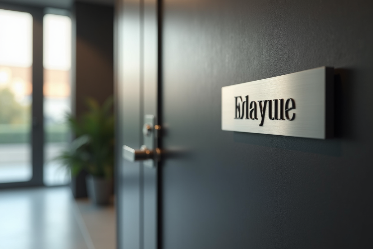 Entrée de bureau moderne avec enseigne métallique élégante