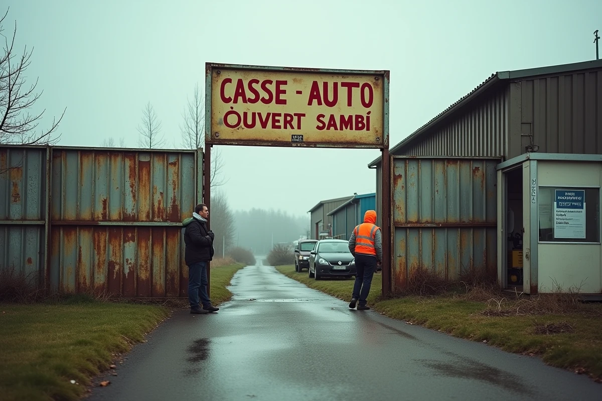 Entrée d'une casse auto ouverte le samedi en Nord-Pas-de-Calais avec panneau et accueil client