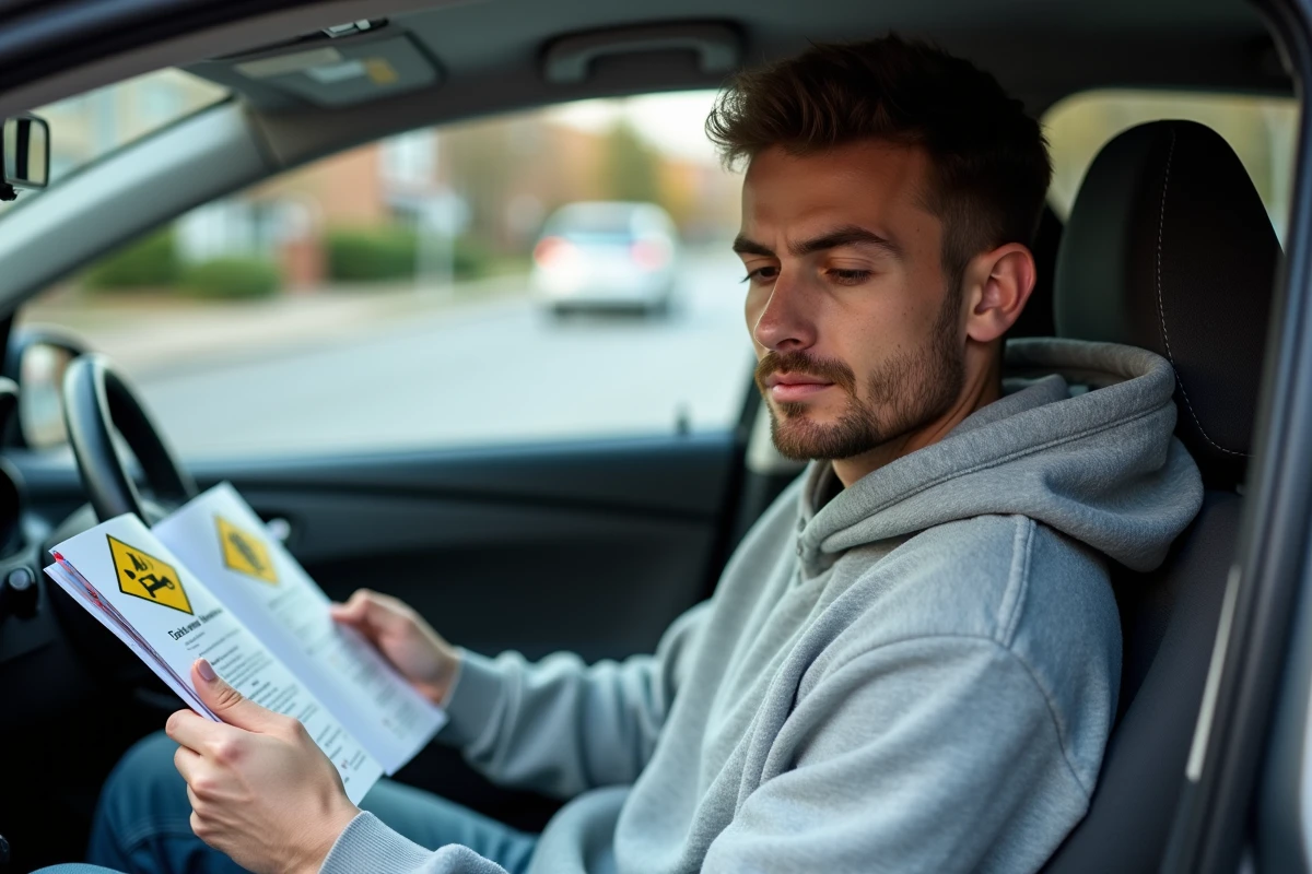 Homme étudiant le code de la route 2026 dans une voiture avec un livret illustrant le panneau losange jaune