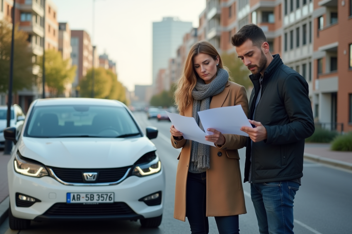 Deux adultes examinant des documents d'assurance voiture