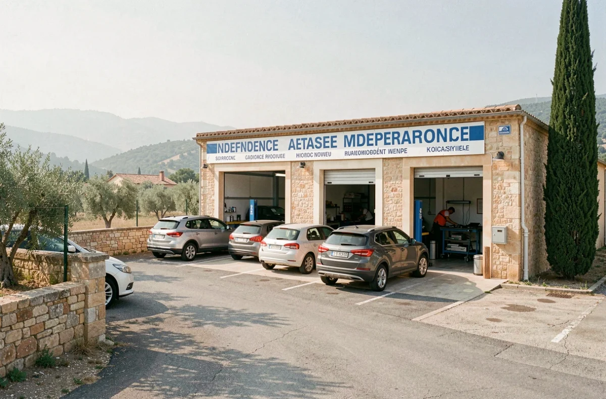 Façade d'un garage automobile indépendant dans le Var avec véhicules clients garés devant