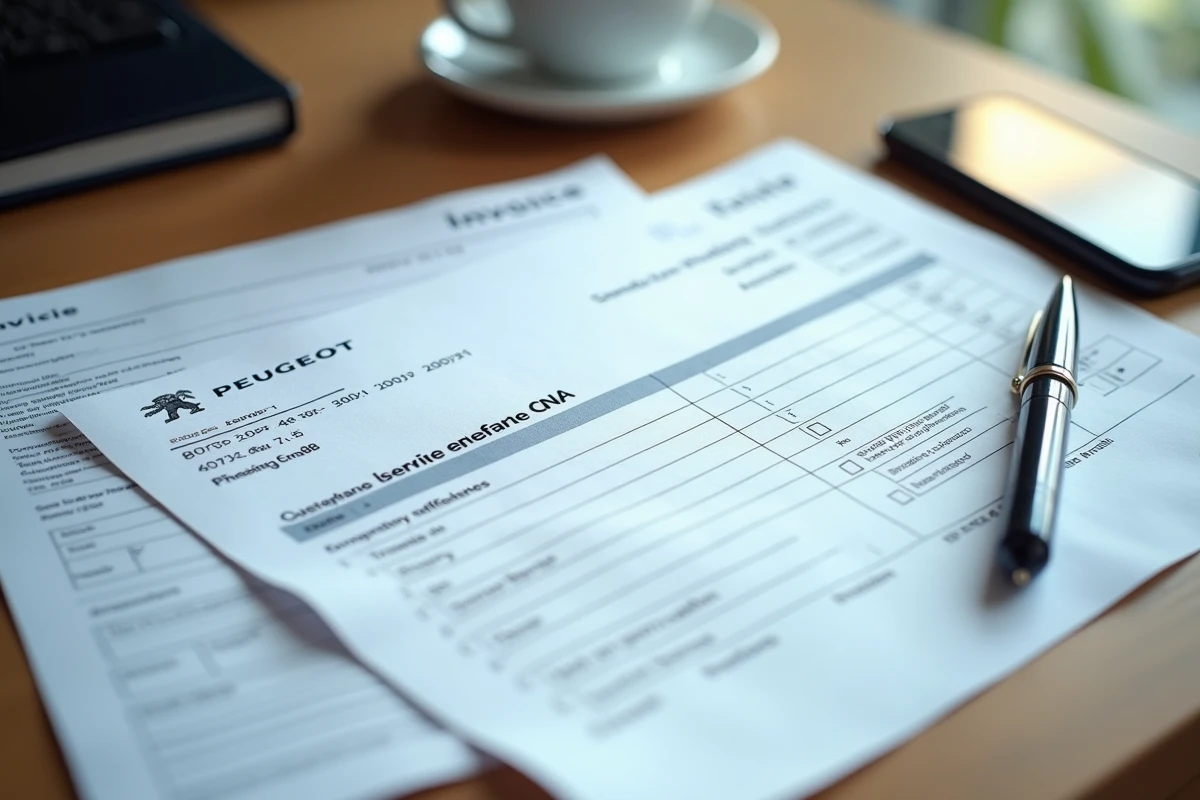 Facture SAV Peugeot et formulaire d'avis client posés sur un bureau avec un stylo