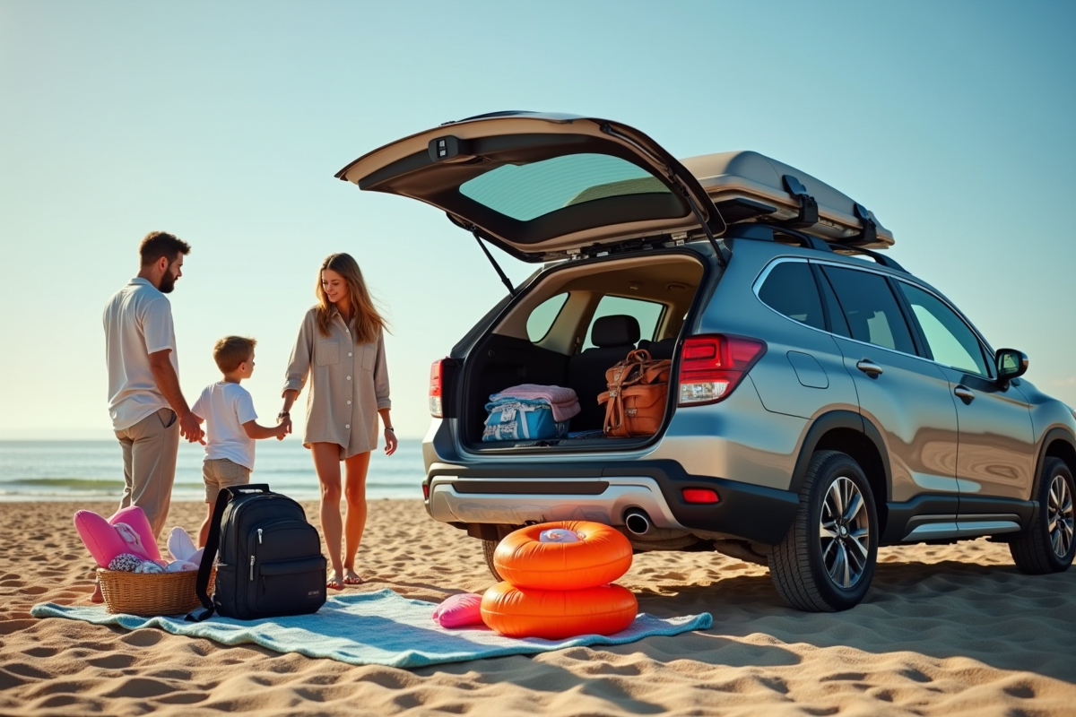 Famille organisant leurs affaires de vacances devant la voiture en plein jour