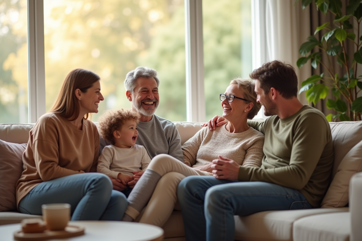Famille dans un salon lumineux avec personne en plâtre