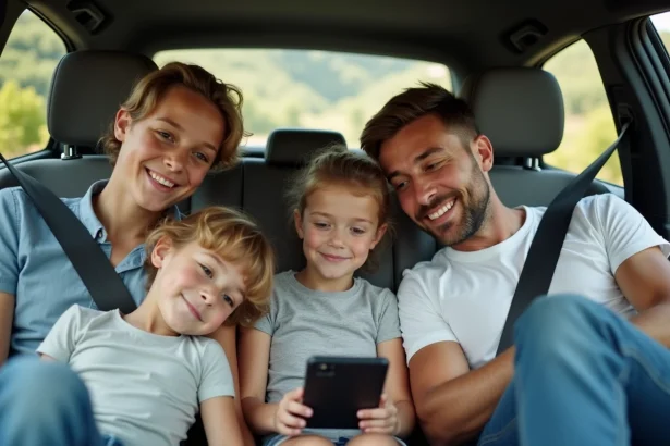 Famille de quatre dans une voiture regardant une carte