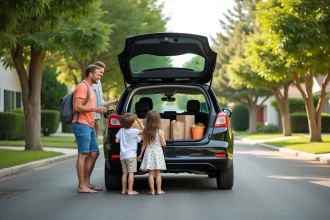 Famille souriante chargeant des courses dans une voiture en banlieue