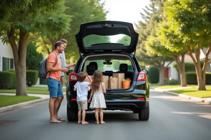 Famille souriante chargeant des courses dans une voiture en banlieue