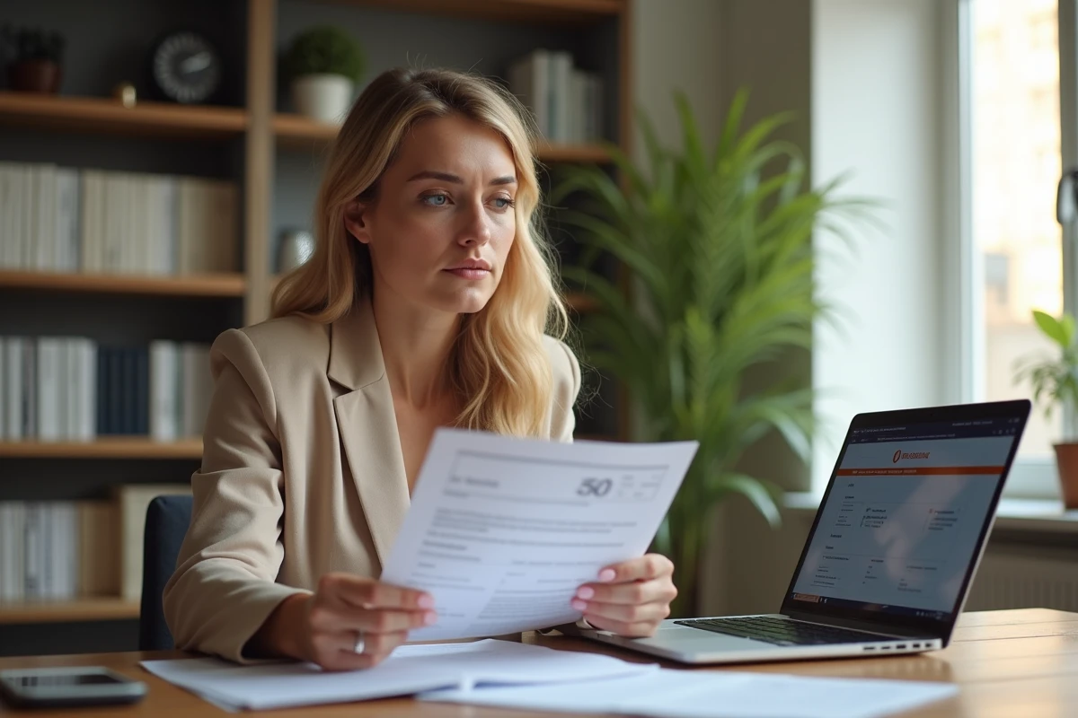 Femme consultant des documents d'assurance auto et de contrôle technique à son bureau à domicile